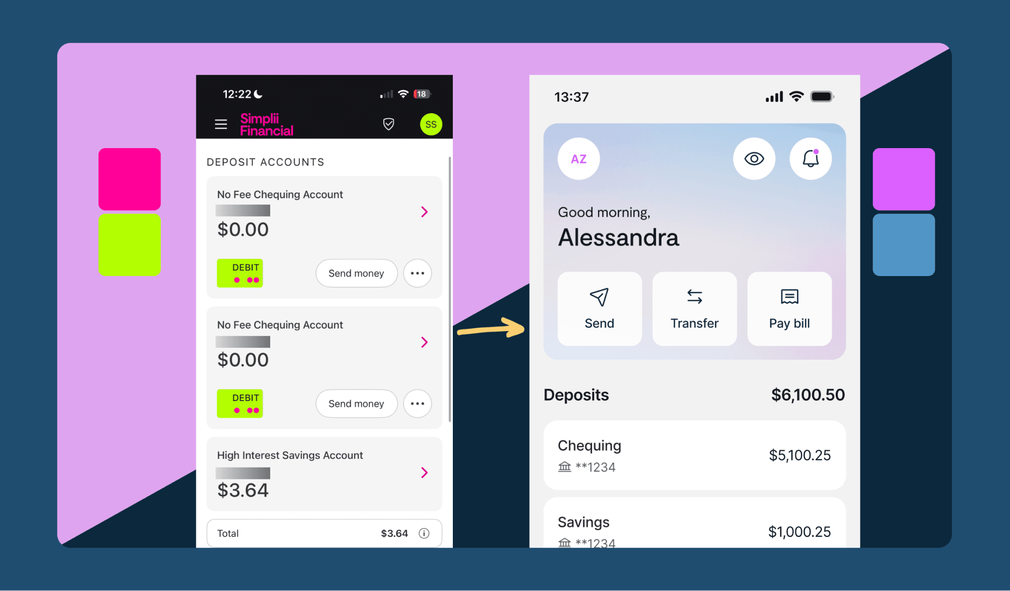 Before and after of the Simplii mobile app: the old dark account list on the left, the rebranded light home screen on the right, joined by an arrow.